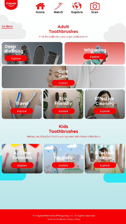 Explore Page of the Colgate toothbrush showcase kiosk