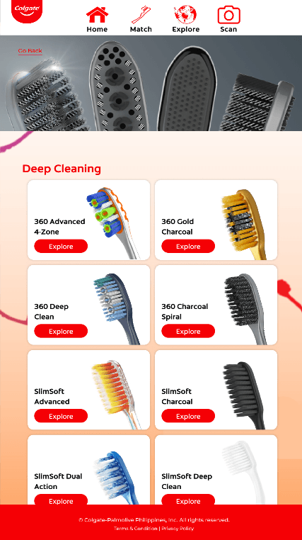Item List Page of the Colgate toothbrush showcase kiosk