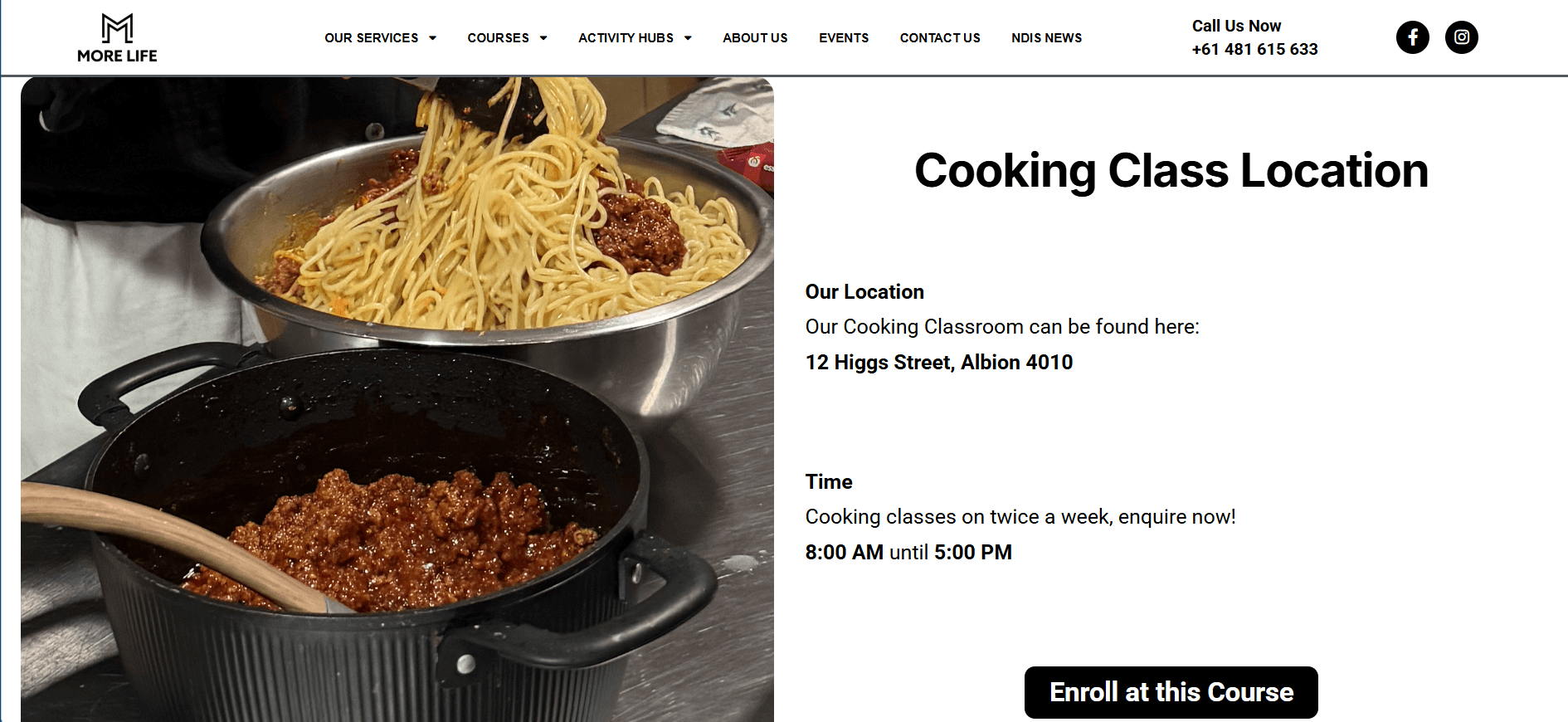 Cooking Course Page of the More Life Support Services website