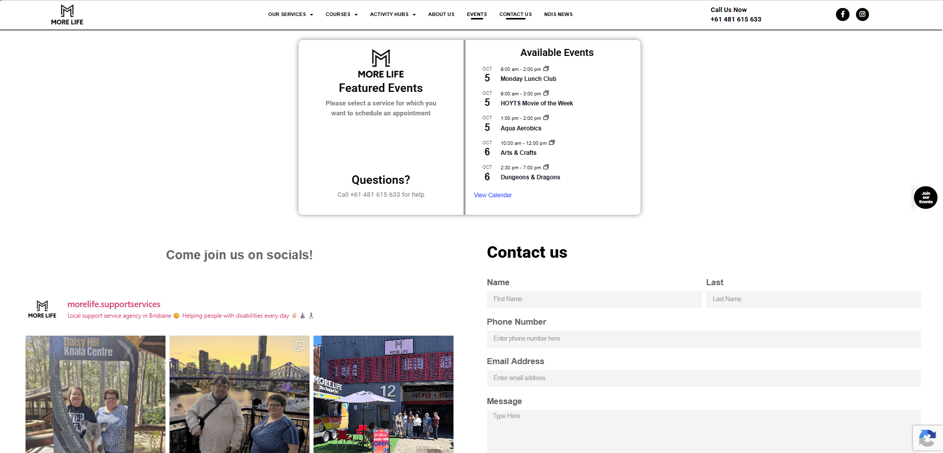 Home Page — Events & Contact of the More Life Support Services website